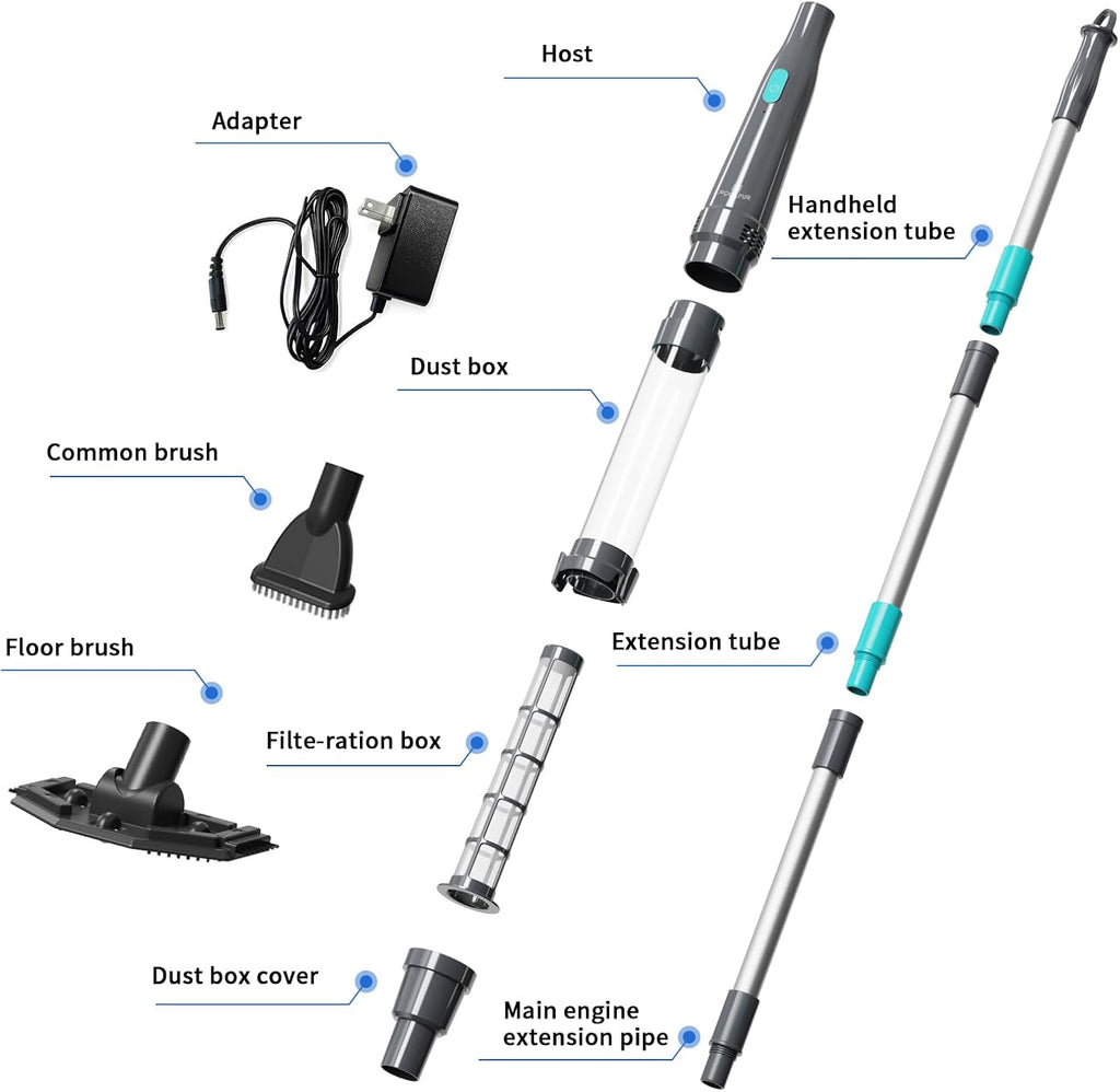 PoolMr Handheld Pool Vacuum for Above Ground Pool & Hot Tub Vacuum, with 2 Brush Heads, 90 Mins Running Time, 13.2 Gallons/Min Powerful Suction, Ideal for Cleaning Debris and Sand Underwater, Black