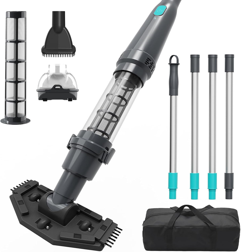 PoolMr Handheld Pool Vacuum for Above Ground Pool & Hot Tub Vacuum, with 2 Brush Heads, 90 Mins Running Time, 13.2 Gallons/Min Powerful Suction, Ideal for Cleaning Debris and Sand Underwater, Black