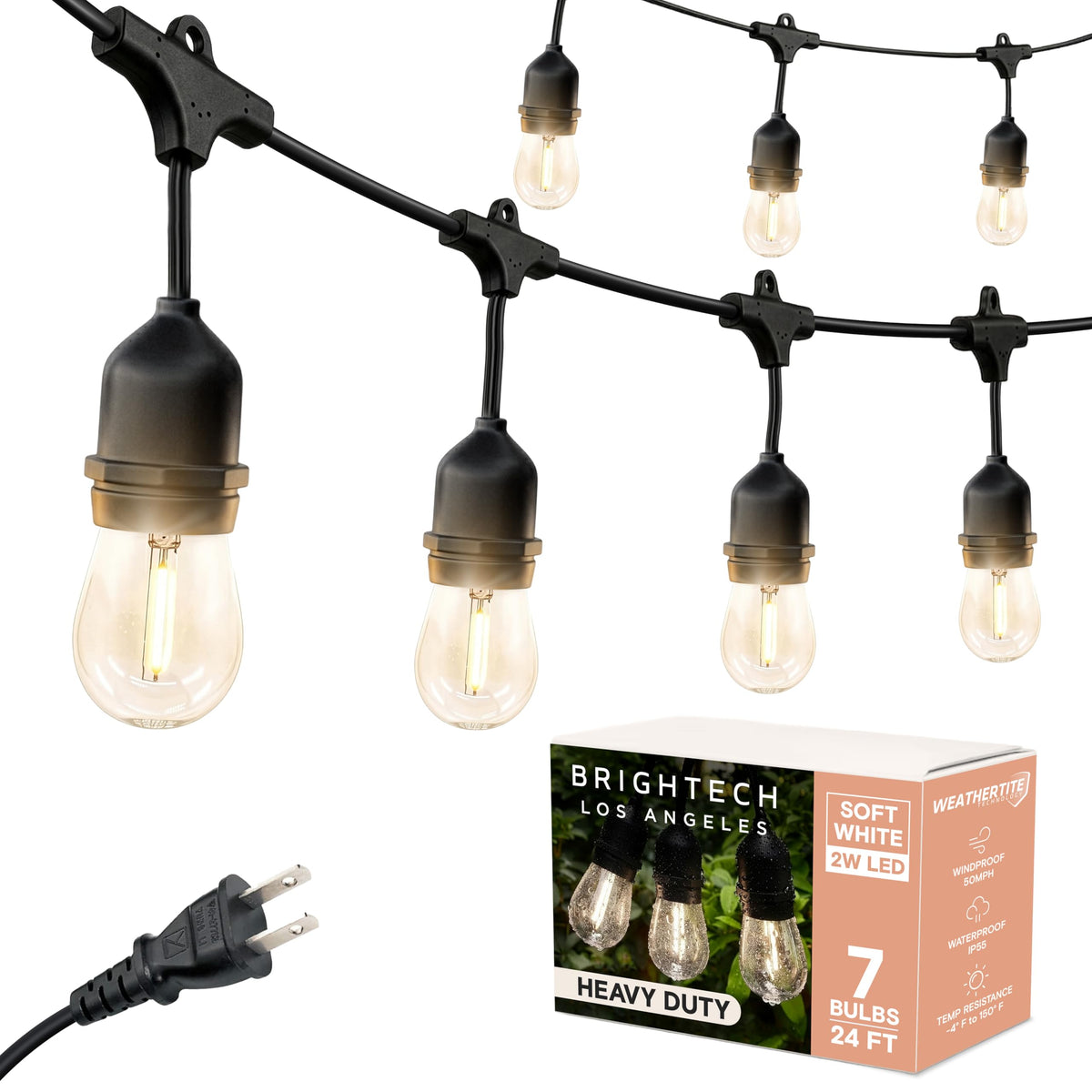 Brightech Ambience Pro - Waterproof LED Outdoor String Lights - 15 Hanging, Dimmable 2W Vintage Edison Bulbs - 48 Ft Commercial Grade Patio Lights Create Cafe Ambience in Your Backyard