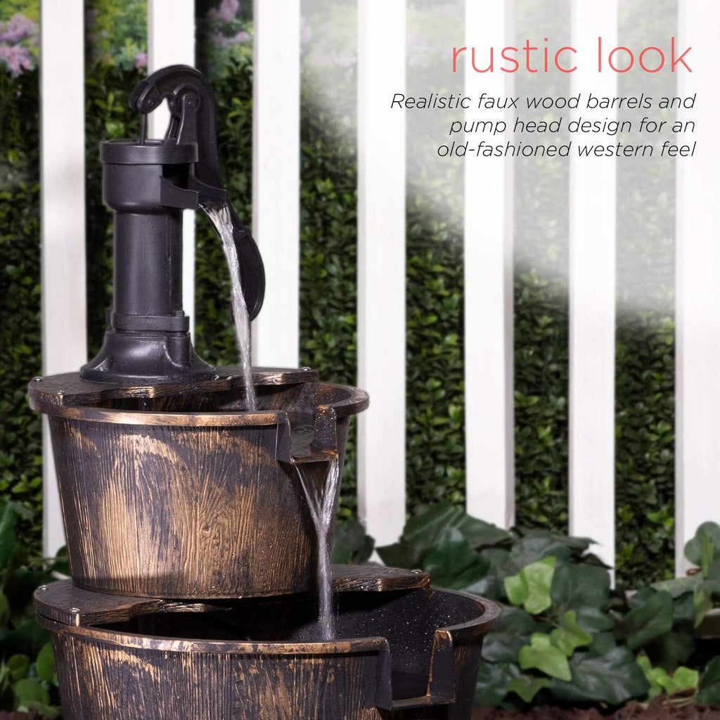 Alpine Corporation 27" Tall Rustic Outdoor 2-Tier Barrel Pump Water Fountain with Soothing Cascading Water Flow for Patio, Yard, Porch, or Landscape, Bronze