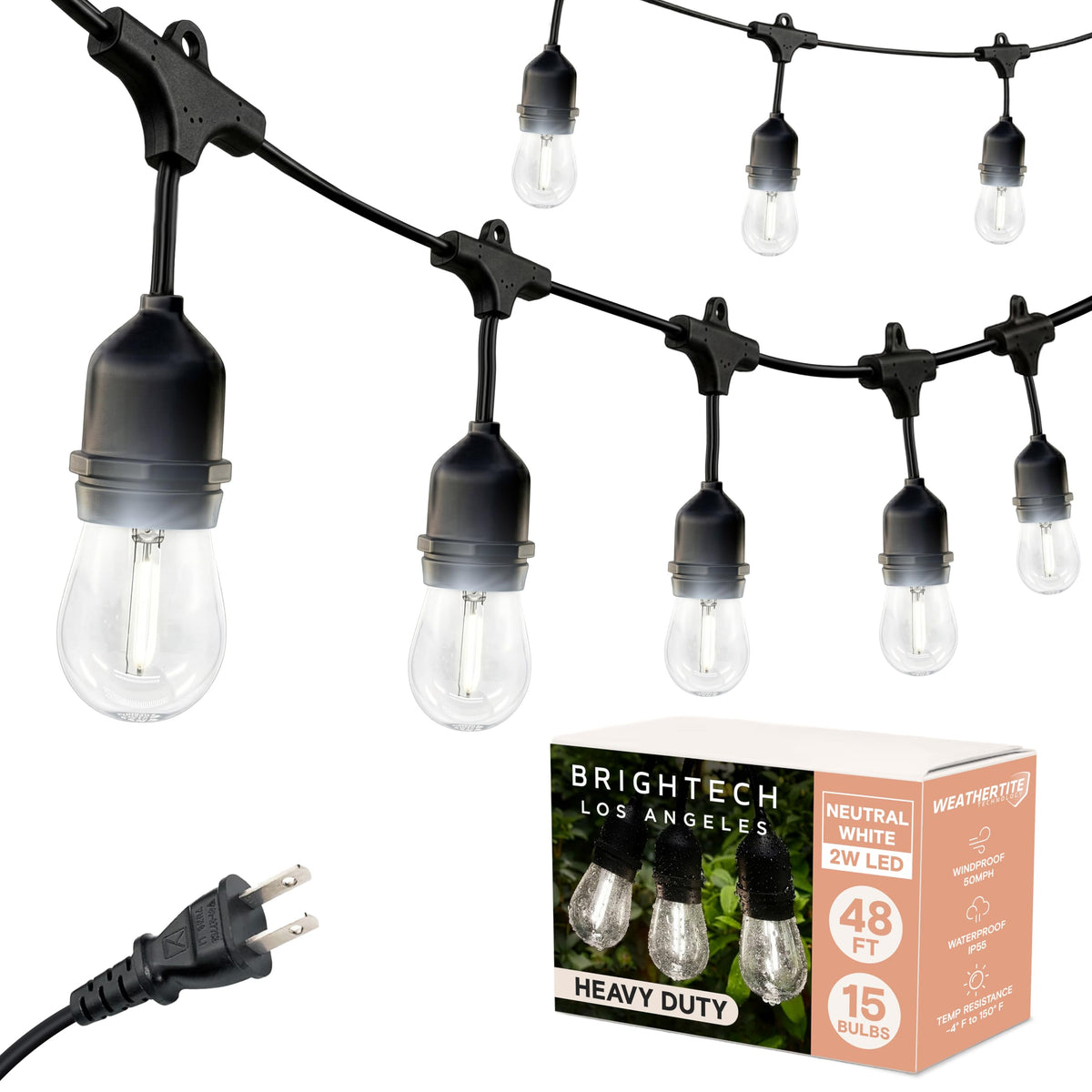 Brightech Ambience Pro - Waterproof LED Outdoor String Lights - 15 Hanging, Dimmable 2W Vintage Edison Bulbs - 48 Ft Commercial Grade Patio Lights Create Cafe Ambience in Your Backyard