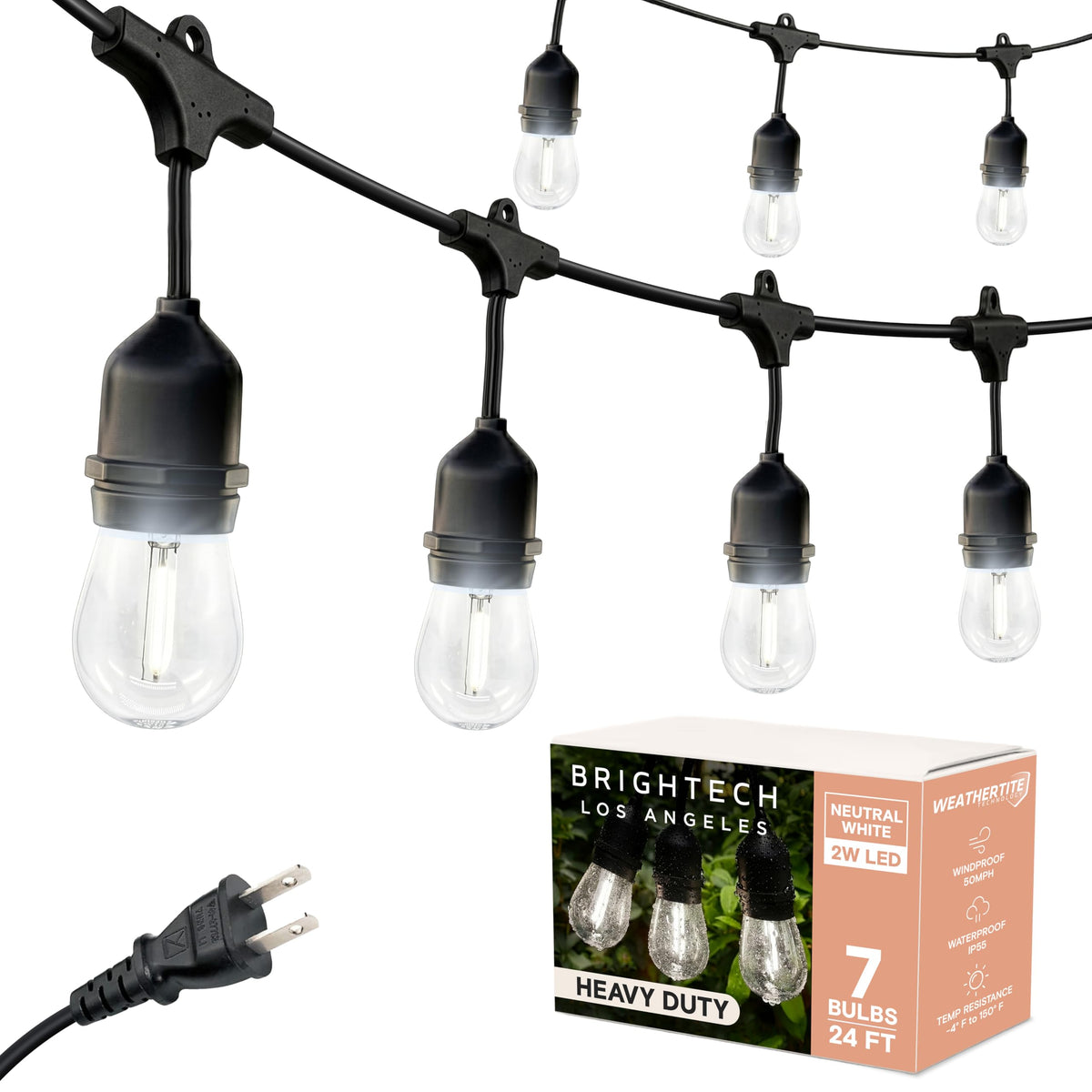 Brightech Ambience Pro - Waterproof LED Outdoor String Lights - 15 Hanging, Dimmable 2W Vintage Edison Bulbs - 48 Ft Commercial Grade Patio Lights Create Cafe Ambience in Your Backyard