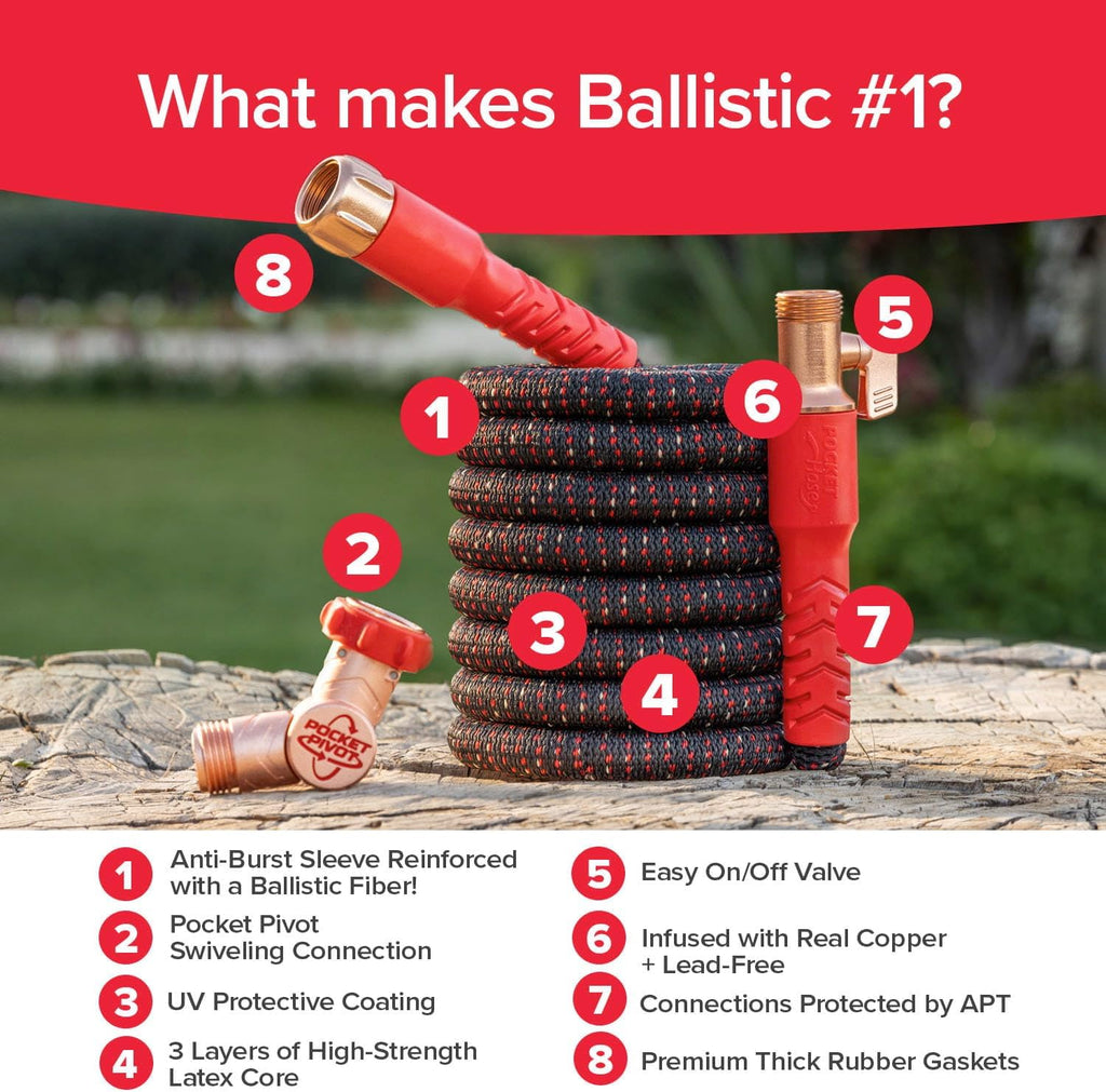 Pocket Hose Ballistic 100 FT Expandable Garden Hose, No-Kink, As Seen on TV