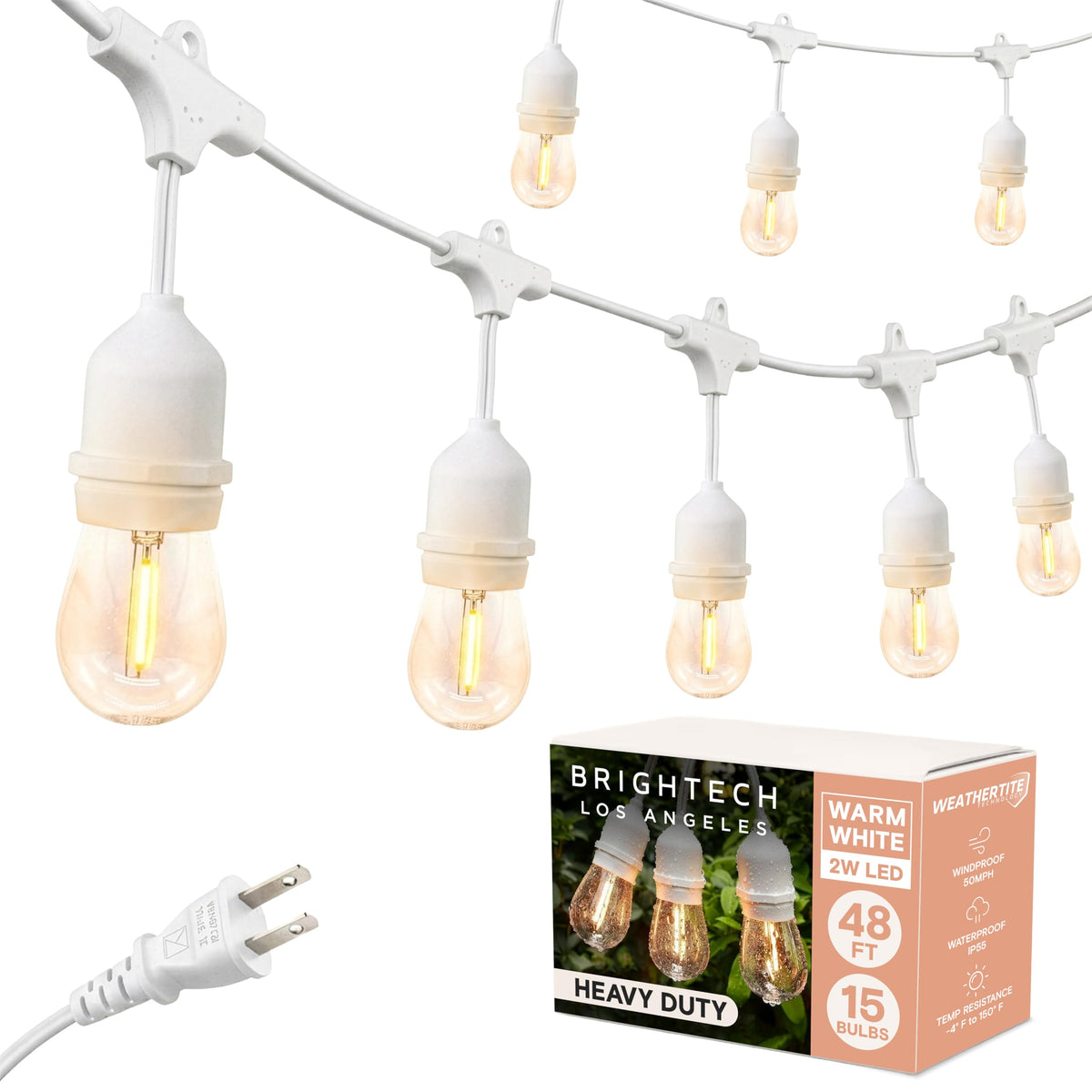 Brightech Ambience Pro - Waterproof LED Outdoor String Lights - 15 Hanging, Dimmable 2W Vintage Edison Bulbs - 48 Ft Commercial Grade Patio Lights Create Cafe Ambience in Your Backyard
