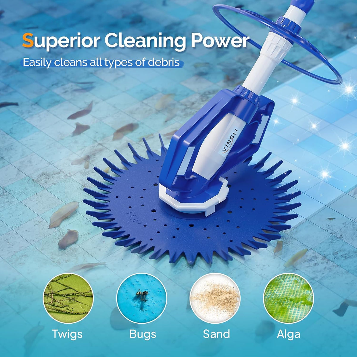 VINGLI Pool Cleaner, Automatic Wall-Climbing Pool Vacuum -Navy Blue&White