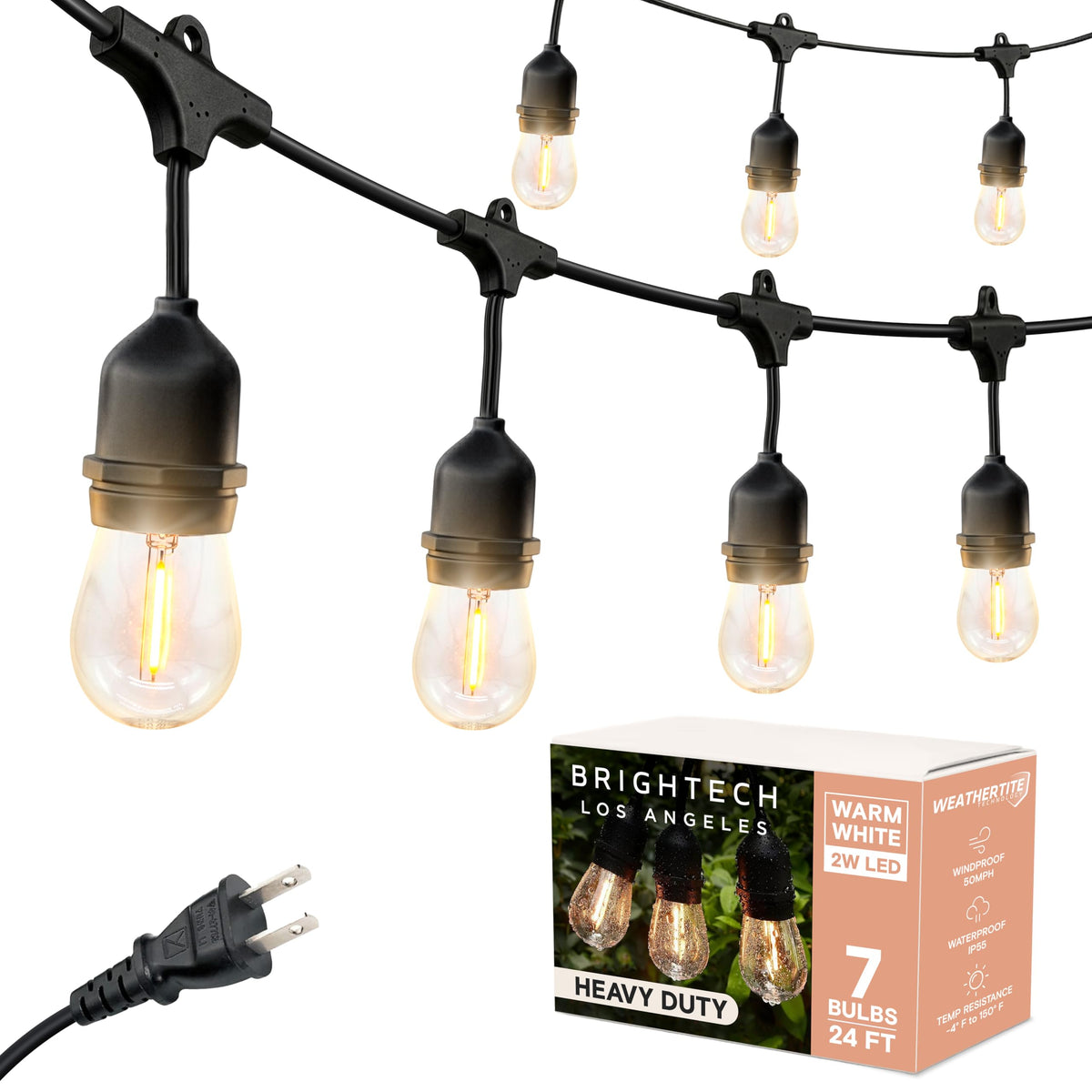 Brightech Ambience Pro - Waterproof LED Outdoor String Lights - 15 Hanging, Dimmable 2W Vintage Edison Bulbs - 48 Ft Commercial Grade Patio Lights Create Cafe Ambience in Your Backyard