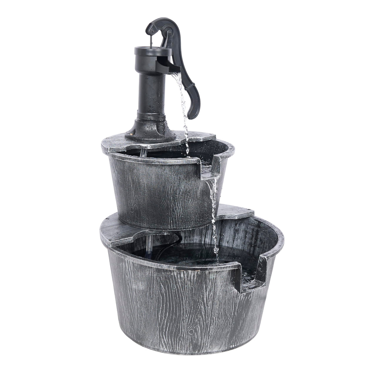 Alpine Corporation 27" Tall Rustic Outdoor 2-Tier Barrel Pump Water Fountain with Soothing Cascading Water Flow for Patio, Yard, Porch, or Landscape, Bronze