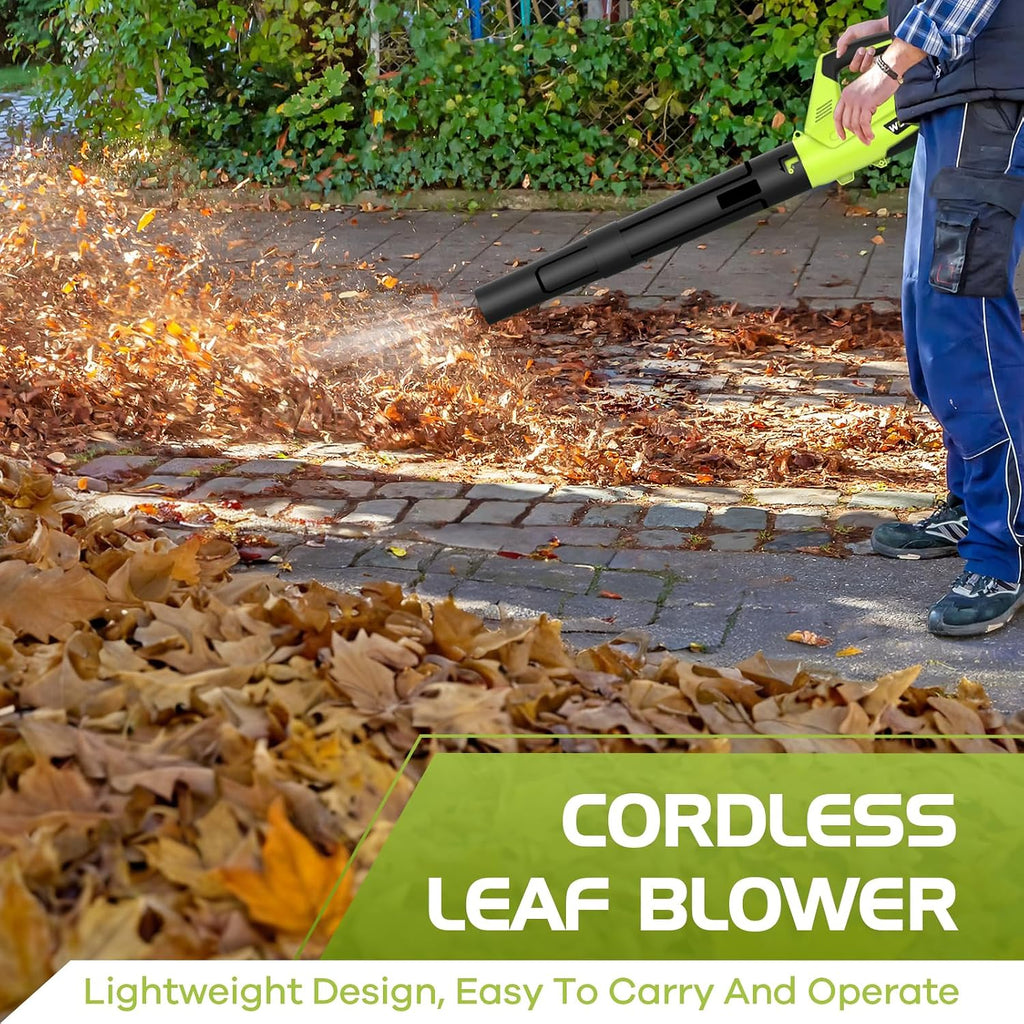 Leaf Blower, Electric Leaf Blower Cordless with 2 Batteries and Charger, 2 Speed Mode, Lightweight Cordless Leaf Blowers for Lawn Care, Blowing Leaves, Patio Cleaning and Dust, Green