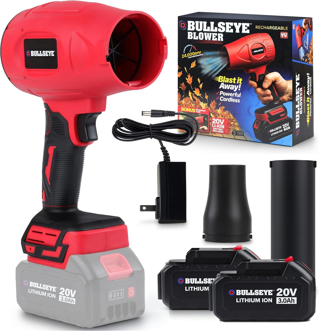 Bullseye Blower Cordless Leaf Blower, Handheld Turbo Jet with 2 Batteries, 20V 350W Electric Air Power for Patio, Garage Cleaning and Car Drying, As Seen on TV