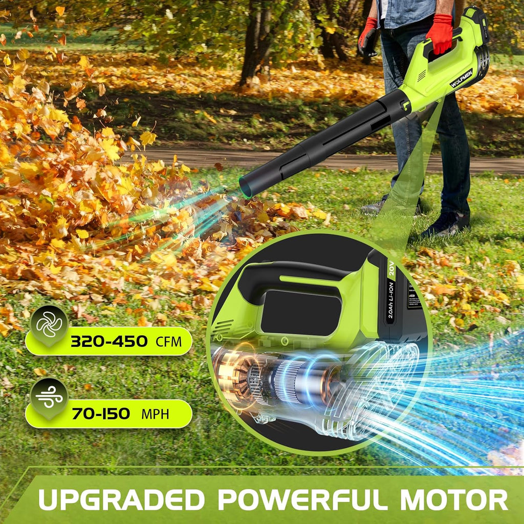 Leaf Blower, Electric Leaf Blower Cordless with 2 Batteries and Charger, 2 Speed Mode, Lightweight Cordless Leaf Blowers for Lawn Care, Blowing Leaves, Patio Cleaning and Dust, Green