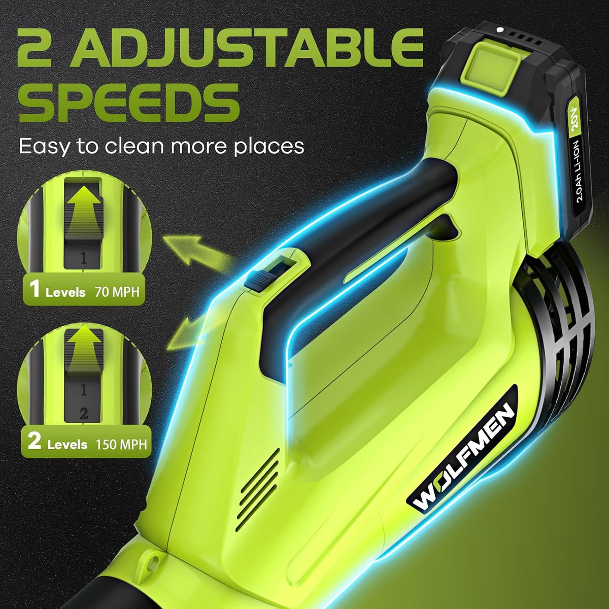 Leaf Blower, Electric Leaf Blower Cordless with 2 Batteries and Charger, 2 Speed Mode, Lightweight Cordless Leaf Blowers for Lawn Care, Blowing Leaves, Patio Cleaning and Dust, Green