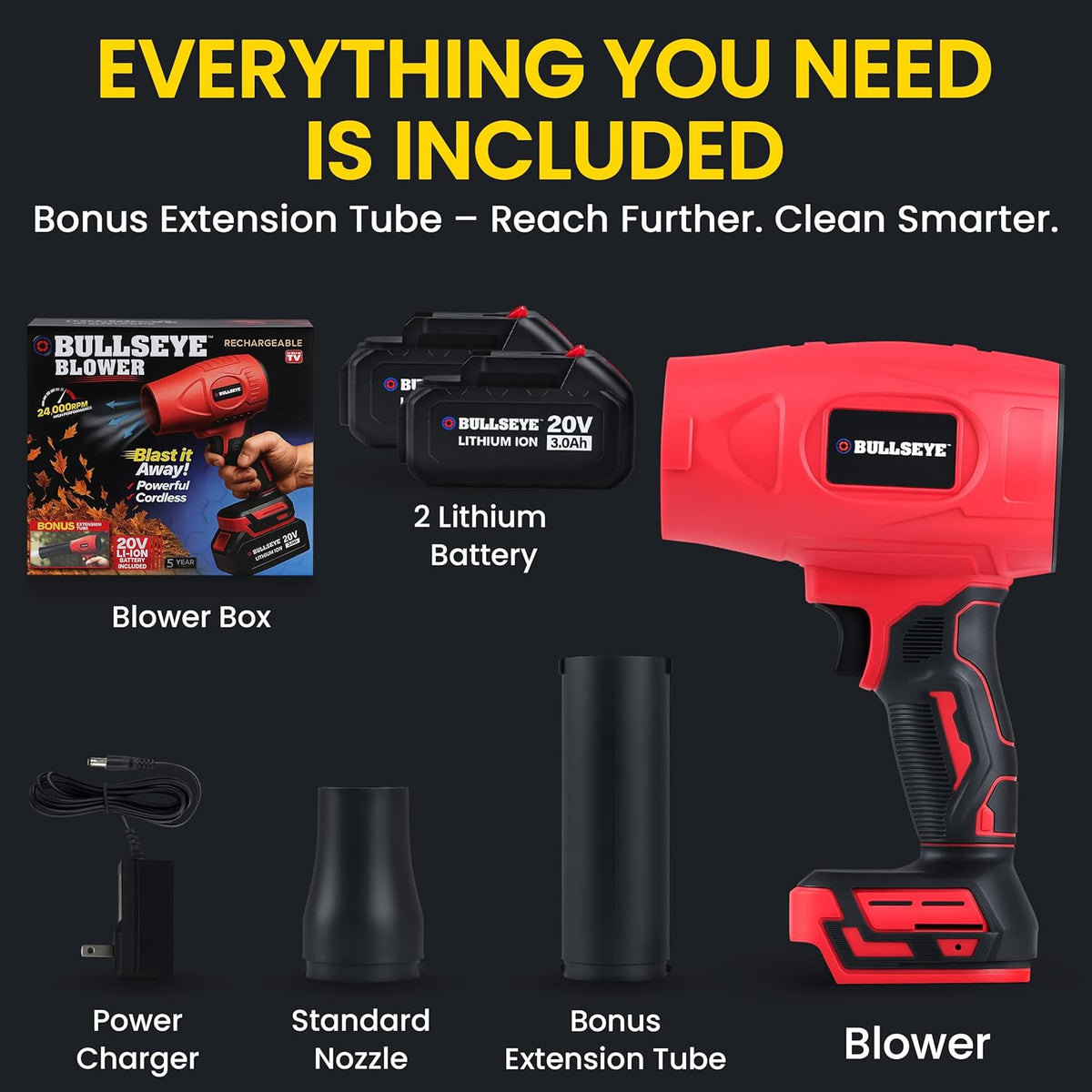 Bullseye Blower Cordless Leaf Blower, Handheld Turbo Jet with 2 Batteries, 20V 350W Electric Air Power for Patio, Garage Cleaning and Car Drying, As Seen on TV