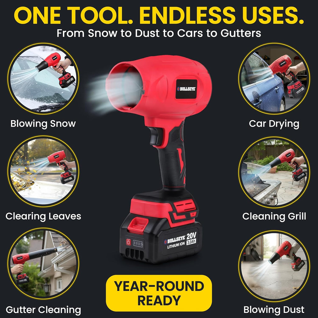 Bullseye Blower Cordless Leaf Blower, Handheld Turbo Jet with 2 Batteries, 20V 350W Electric Air Power for Patio, Garage Cleaning and Car Drying, As Seen on TV